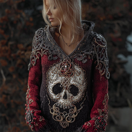 Comstylish Elegant Skull & Roses Beaded Celtic Gradient Cozy Knit Hooded Sweater
