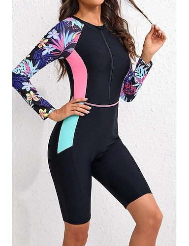 Rash Guard Bathing Suit Swimsuits Patchwork Tropical Zip Up Knee-length Leg Uv Protection Quick Dry High Elasticity Long Sleeve Swimwear Swimsuit Surfing Snorkeling Swimming Summer