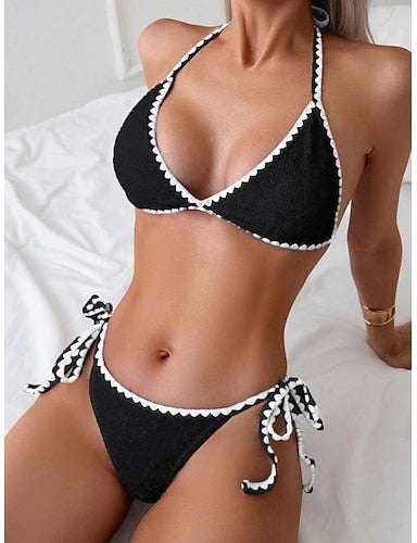 Bikini 2 Piece Swimsuit Cheeky Slim Backless Vacation Beach Wear Color Halter Neck Sleeveless Bathing Suits