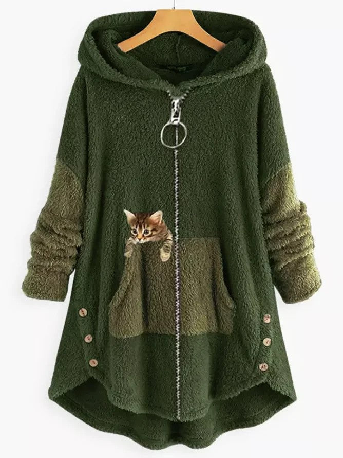 LM | Cozy fleece hooded jacket with adorable cat print
