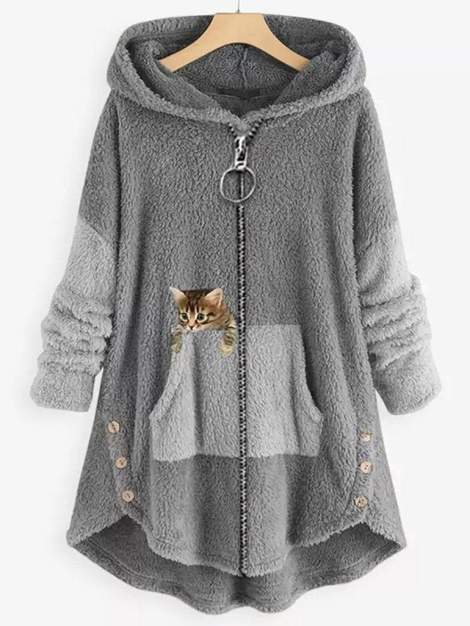 LM | Cozy fleece hooded jacket with adorable cat print