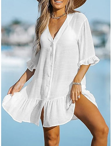 Swimwear Cover Up Swim Dress Dress Swimsuit Ruched Buttons Vacation Beach Wear Plain V Neck Short Sleeves Bathing Suits