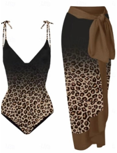 Swimwear One Piece 2 Piece Skirt Swimsuit Thong One Piece Tummy Control High Waist Slim Backless Vacation Beach Wear Leopard V Neck Sleeveless Bathing Suits