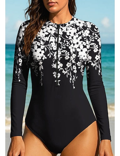 Rash Guard Dive Skin Suit Bathing Suit Athletic Swimwear Tropical Zip Up Upf50+ Quick Dry Lightweight Long Sleeve Swim Shirt Surfing Beach Water Sports Summer