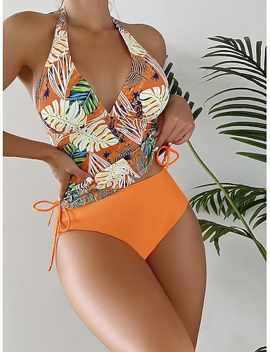Tankini 2 Piece Swimsuit Ruched Palm Cheeky Tummy Control High Waist Slim Backless Vacation Beach Wear Leaves Halter Neck Sleeveless Bathing Suits