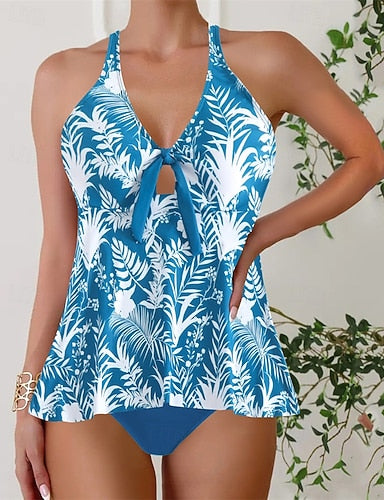 Tankini Two Piece Swimsuit Deep V Swimwear Swimwear Blue Breathable Quick Dry Lightweight Sleeveless - Swimming Surfing Beach Summer Spring