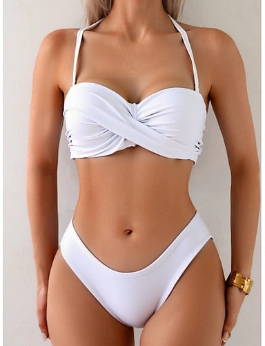 Swimwear Bikini 2 Piece Cheeky Swimsuit Slim Backless Vacation Beach Wear Color Halter Neck Sleeveless Bathing Suits