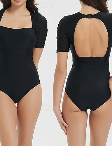 Rash Guard Bathing Suit One Piece Swimsuit Colored Backless Upf50+ Breathable Short Sleeve Swimwear Surfing Canoeing Snorkeling Spring