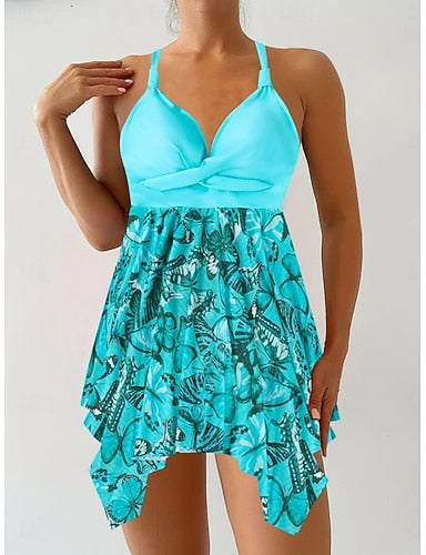 Tankini 2 Piece Swimsuit Leopard Cheeky Tummy Control High Waist Slim Backless Vacation Beach Wear V Neck Sleeveless Bathing Suits
