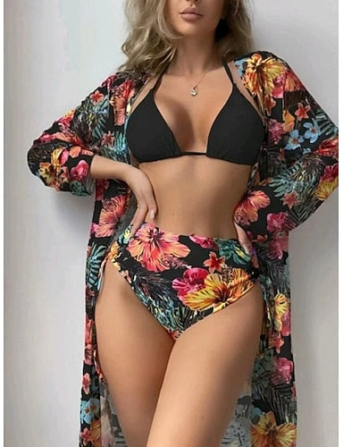 Swimwear Bikini Three Piece Briefs Swimsuit Slim Backless Vacation Beach Wear Halter Neck Long Sleeve Bathing Suits