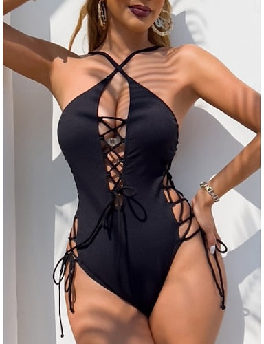 One Piece Swimsuit Cutout Monokini Tummy Control High Waist Slim Backless Vacation Beach Wear Color V Neck Sleeveless Bathing Suits