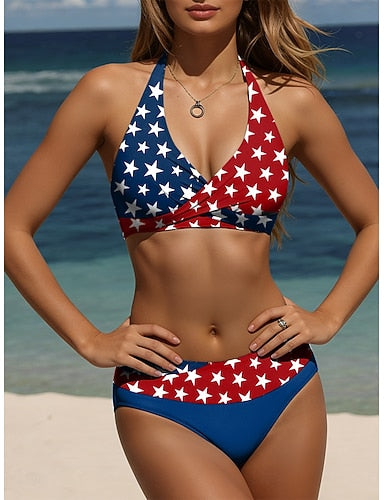 Swimwear Bikini Briefs Swimsuit Vacation Graphic Flag Halter Neck Sleeveless Bathing Suits