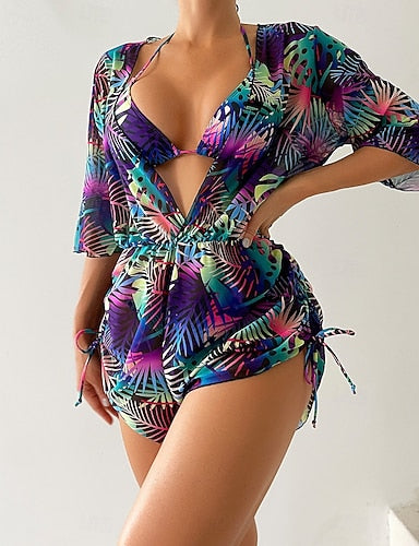 Bikini 3 Piece Swimsuit High Waist Slim Vacation Beach Wear Leaves V Neck Sleeveless Bathing Suits