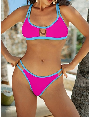 Bikini 2 Piece Swimsuit Underwire Thong Slim Backless Vacation Beach Wear Color U Neck Sleeveless Bathing Suits
