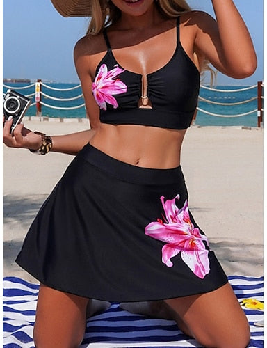 Swimwear Bikini 2 Piece Skirt Swimsuit Tummy Control High Waist Slim Backless Vacation Beach Wear V Neck Sleeveless Bathing Suits