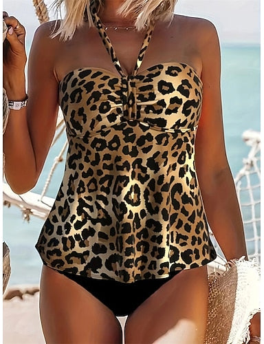Swimwear Bikini 2 Piece Cheeky Swimsuit Backless Slim Vacation Beach Wear Leopard Halter Neck Sleeveless Bathing Suits