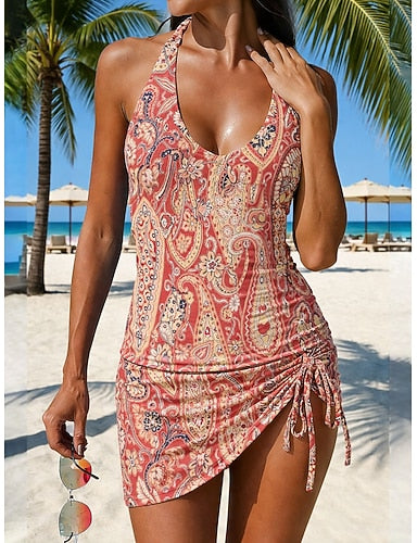 Swimwear Tankini Skirt Swimsuit Drawstring Vacation Graphic V Neck Sleeveless Bathing Suits