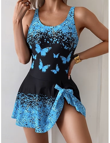 Swimwear One Piece Skirt Swimsuit Vacation Graphic Butterfly Scoop Neck Sleeveless Bathing Suits