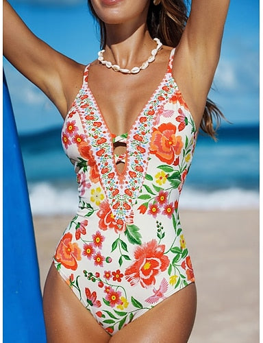 Swimwear One Piece Monokini Swimsuit Tummy Control High Waist Slim Backless Vacation Beach Wear V Neck Sleeveless Bathing Suits