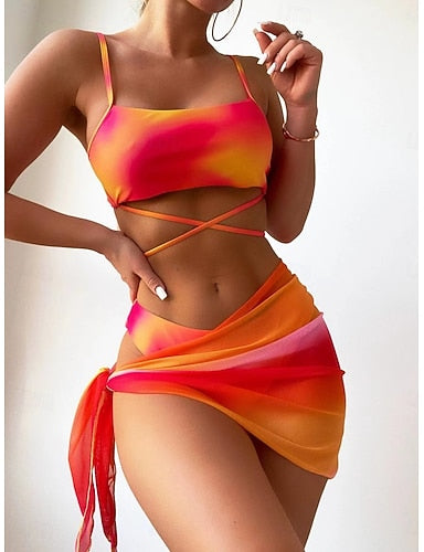 Swimwear Three Piece Swimsuit Ruched Backless Vacation Beach Wear Tie Dye U Neck Sleeveless Bathing Suits