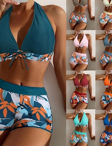 Swimwear Bikini 2 Piece Shorts Swimsuit Patchwork Backless Vacation Beach Wear Halter Neck Sleeveless Bathing Suits