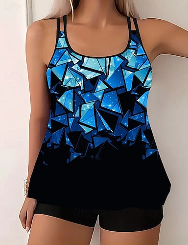 Swimwear 2 Piece Shorts Swimsuit Backless Vacation Beach Wear Graphic U Neck Sleeveless Bathing Suits