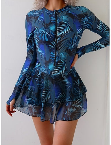 Swimwear Tankini 2 Piece Skirt Swimsuit Tummy Control High Waist Slim Vacation Round Neck Long Sleeve Bathing Suits