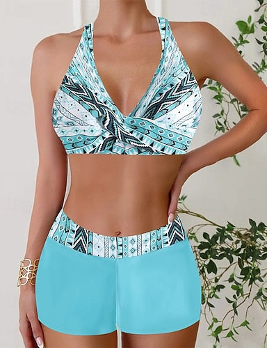Swimwear 2 Piece Shorts Swimsuit Backless Vacation Beach Wear Geometic V Neck Sleeveless Bathing Suits