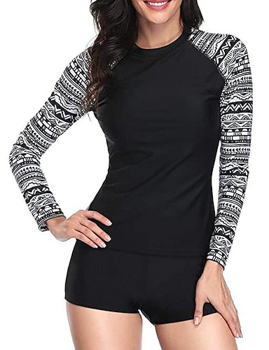 Rash Guard Bathing Suit 2 Pieces Tropical Zip Up Uv Protection Elastic Long Sleeve Swimwear Swimsuit Surfing Diving Swimming Summer