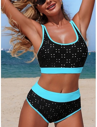 Swimwear Bikini 2 Piece High Waist Swimsuit Slim Backless Vacation Beach Wear Color Polka Dot Scoop Neck Sleeveless Bathing Suits