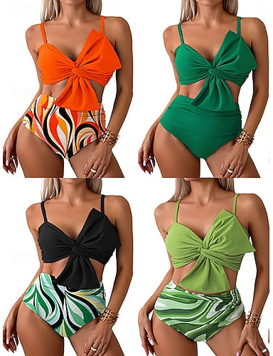 Swimwear Bikini 2 Piece High Waist Swimsuit Ruched Vacation Beach Wear Graphic V Neck Sleeveless Bathing Suits