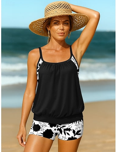 Tankini 2 Piece Swimsuit Palm Briefs Active Vacation Graphic U Neck Sleeveless Bathing Suits