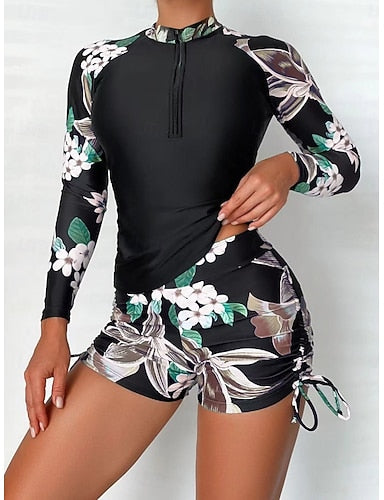 Swimwear Tankini 2 Piece Shorts Swimsuit Tummy Control High Waist Slim Backless Vacation Beach Wear High Neck Long Sleeve Bathing Suits