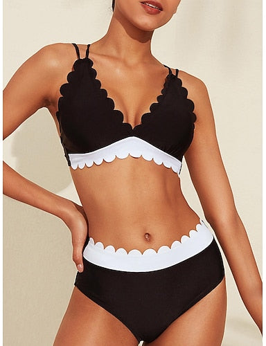 Petal Border Longline Triangle Bikini Set Black and White