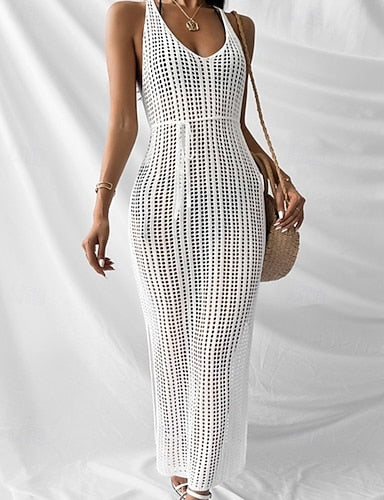Swimwear Cover Up Dress Swimsuit Cut Out Vacation Beach Wear Plain V Neck Sleeveless Bathing Suits