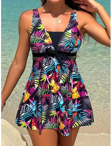 Tankini 2 Piece Swimsuit With Skirt Palm Dress Backless Vacation Beach Wear Graphic Tropical V Neck Sleeveless Bathing Suits
