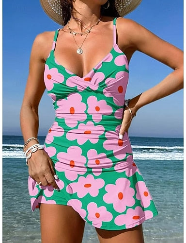 Swimwear One Piece Skirt Swimsuit Vacation Graphic V Neck Sleeveless Bathing Suits