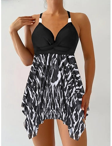 Swimwear Tankini 2 Piece Cheeky Swimsuit Tummy Control High Waist Slim Backless Vacation Beach Wear Graphic V Neck Sleeveless Bathing Suits