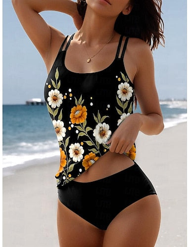 Tankini 2 Piece Swimsuit Shorts Printing Vacation Beach Wear Sleeveless Bathing Suits