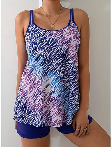 Tankini 2 Piece Swimsuit High Waist Backless Vacation Beach Wear Ombre Graphic U Neck Sleeveless Bathing Suits