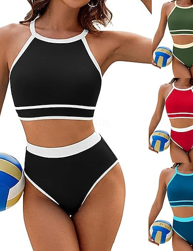 Bikini 2 Piece Swimsuit Colorblock Briefs Slim Backless Vacation Beach Wear Stripe Halter Neck Sleeveless Bathing Suits