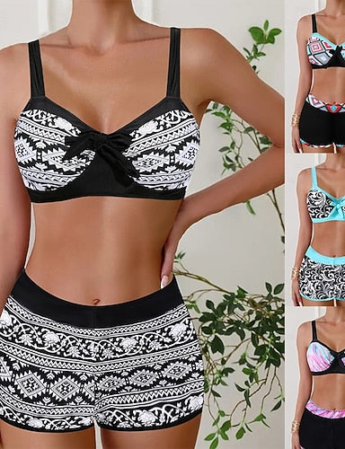 Bikini 2 Piece Swimsuit Shorts Slim Backless Vacation Beach Wear Color Block Geometic V Neck Sleeveless Bathing Suits