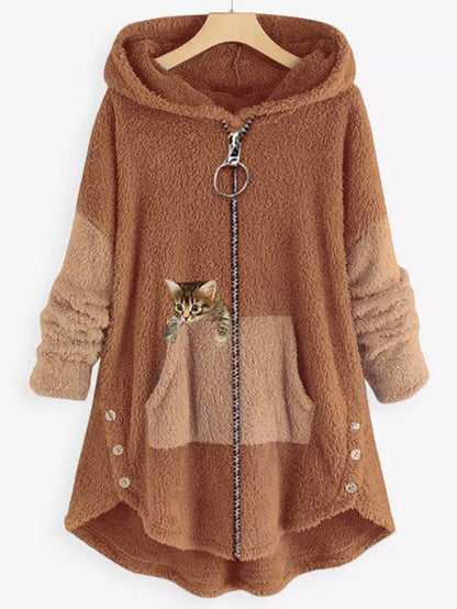 LM | Cozy fleece hooded jacket with adorable cat print