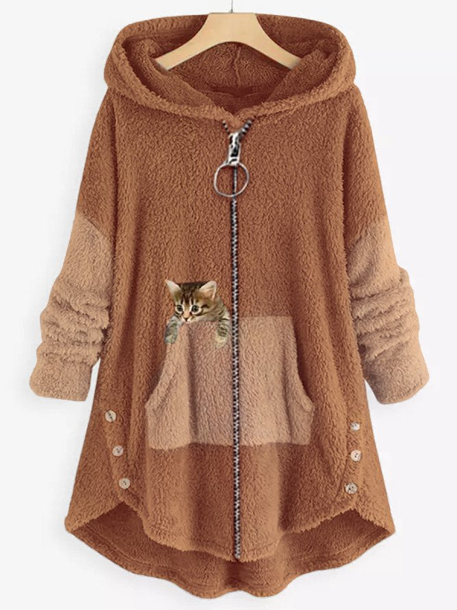 LM | Cozy fleece hooded jacket with adorable cat print