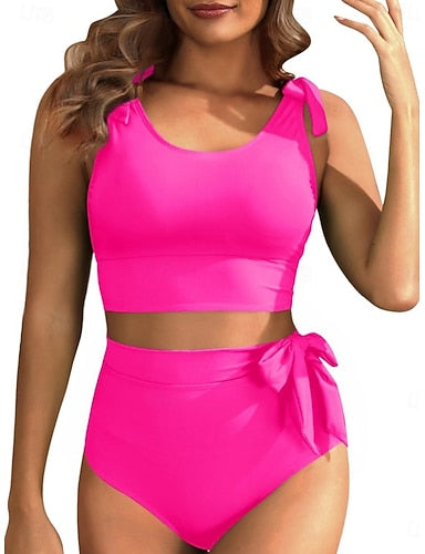 Bikini 2 Piece Swimsuit Briefs Slim Backless Vacation Beach Wear Color U Neck Sleeveless Bathing Suits