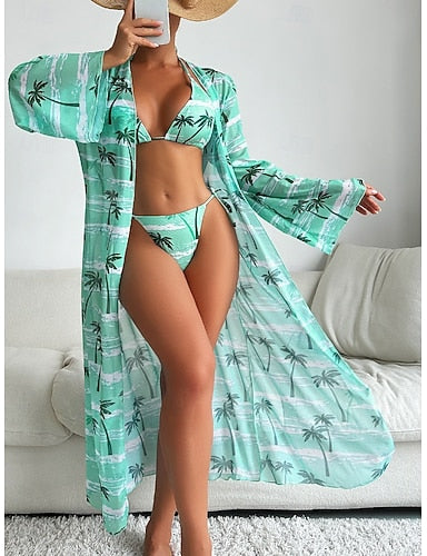 Bikini 3 Piece Swimsuit Palm Cheeky Slim Backless Vacation Beach Wear Graphic Leaves Halter Neck Sleeveless Bathing Suits