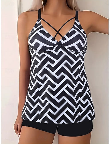 Tankini 2 Piece Swimsuit Shorts Tummy Control High Waist Slim Backless Vacation Beach Wear Stripe Geometic V Neck Sleeveless Bathing Suits