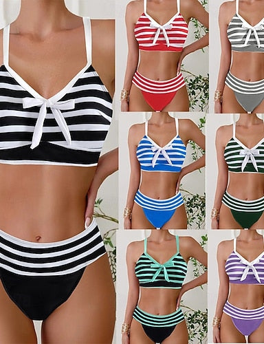 Swimwear 2 Piece Cheeky Swimsuit Backless Vacation Beach Wear Stripe Striped V Neck Sleeveless Bathing Suits