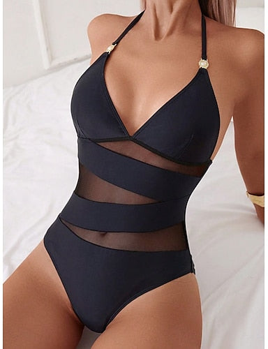 Swimwear One Piece Monokini Swimsuit Mesh Tummy Control High Waist Slim Backless Vacation Beach Wear Color Halter Neck Sleeveless Bathing Suits