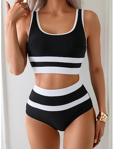 Tankini 2 Piece Swimsuit Colorblock Briefs Tummy Control High Waist Slim Backless Vacation Beach Wear Striped U Neck Sleeveless Bathing Suits